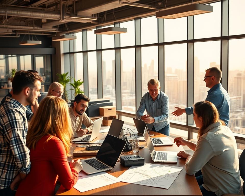 A bustling office space, bathed in warm, natural lighting. In the foreground, a team of Ruby on Rails developers engaged in lively discussions, diagrams and laptops on the table, a sense of collaborative energy. In the middle ground, long-term clients join the meeting, sharing ideas and shaking hands - a symbol of the lasting partnerships forged through expertise and trust. The background depicts the skyline of a vibrant city, hinting at the global reach of the Ruby on Rails development company. The overall scene conveys professionalism, innovation, and a commitment to building enduring relationships.