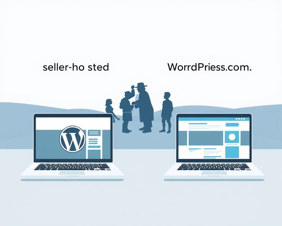 A clean, modern comparison of self-hosted WordPress and WordPress.com, captured in a sleek, minimalist illustration. In the foreground, two distinct laptop screens display the respective WordPress interfaces, showcasing their unique features and functionality. The middle ground features silhouettes of coding and design elements, hinting at the technical underpinnings of each platform. The background is a smooth, gradient-based landscape, creating a sense of depth and focus on the central comparison. The overall mood is one of professional clarity, with a cool, neutral color palette and sharp, high-contrast lines. Lighting is soft and directional, accentuating the visual hierarchy and guiding the viewer's eye towards the core elements of the comparison.