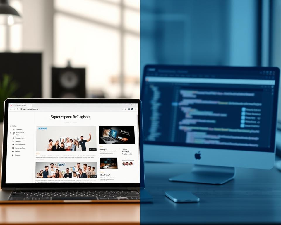 A meticulously crafted two-panel comparison of Squarespace and Bluehost's blog hosting services. In the foreground, a modern, minimalist Squarespace blog dashboard, its clean interface and intuitive layout highlighted by a warm, natural lighting. In the middle ground, a contrasting Bluehost control panel, its busy interface and technical depth conveyed through a cooler, more clinical lighting. The background subtly blends elements of both platforms - Squarespace's sleek aesthetic and Bluehost's robust functionality, hinting at the nuanced tradeoffs between user-friendliness and customization. The overall atmosphere is one of informed exploration, guiding the viewer to weigh the merits of each service for their unique blogging needs.