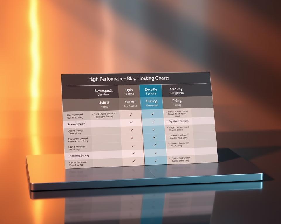 A professional and visually compelling comparison chart depicting high-performance blog hosting services. The chart is displayed on a sleek, metallic surface, bathed in warm, directional lighting that casts subtle shadows, creating depth and dimension. The chart itself features clean, minimalist typography and elegant infographic design, highlighting key metrics such as server speed, uptime, security features, and pricing in a easy-to-digest format. The overall tone is modern, authoritative, and designed to convey a sense of trust and reliability for the blog hosting services showcased.