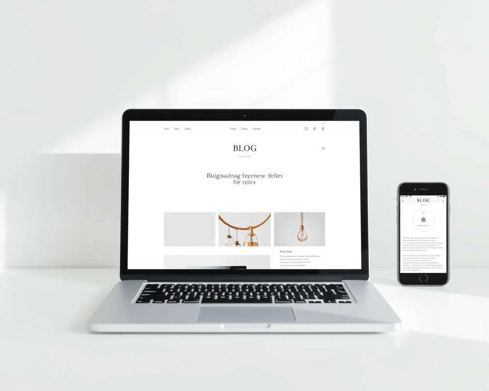 A serene, minimalist blog hosting interface with a clean, white background. In the foreground, a simple laptop displays a blog's homepage, its layout featuring elegant typography and subtle design elements. The middle ground showcases a mobile device, its screen mirroring the laptop's minimalist aesthetic. In the background, a faint grid pattern adds a sense of structure, while soft, natural lighting creates a calming ambiance. The overall composition conveys a sense of simplicity, focus, and a distraction-free blogging experience.