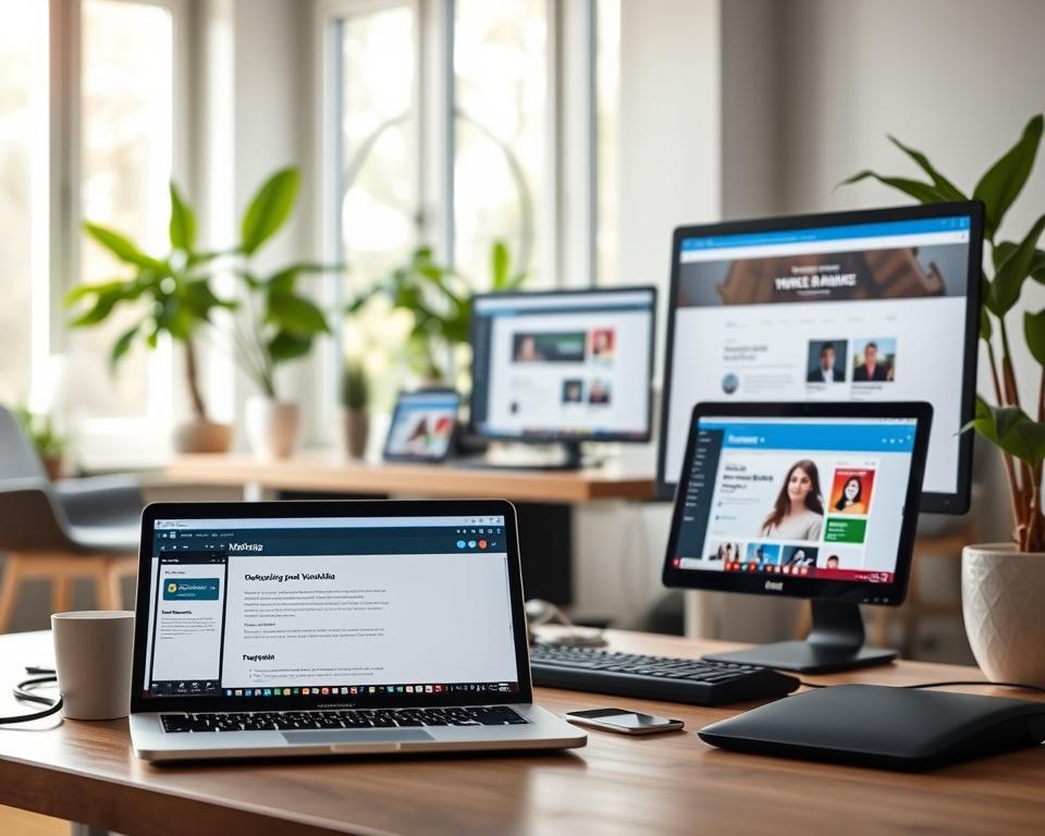 A serene, well-lit workspace showcasing the popular self-hosted WordPress platforms. In the foreground, a laptop displays the clean, intuitive dashboard of a top-tier WordPress host, surrounded by minimal, modern accessories. The middle ground features an assortment of devices - a smartphone, tablet, and desktop computer - each running a different WordPress site, highlighting the platforms' cross-device compatibility. The background depicts a tranquil home office setting, with natural light streaming through large windows and lush plants adding a touch of greenery. The overall mood is one of efficiency, professionalism, and the effortless integration of self-hosted WordPress solutions into a productive digital workspace.